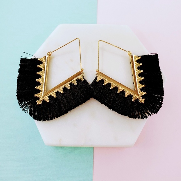 5 for $25 Black Triangle Fringe Tassel Earrings - Picture 3 of 7